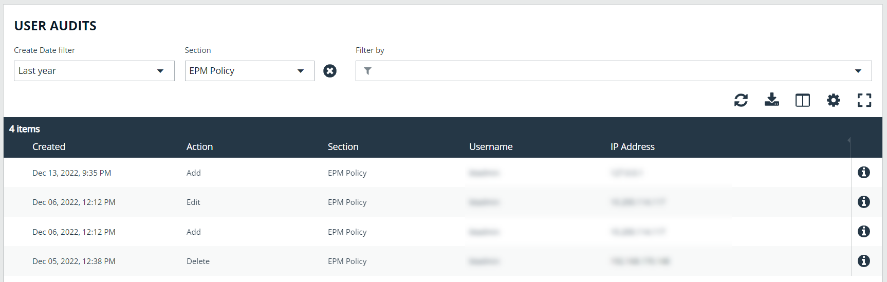 EPM Policy Items on User Audits Page in BeyondInsight