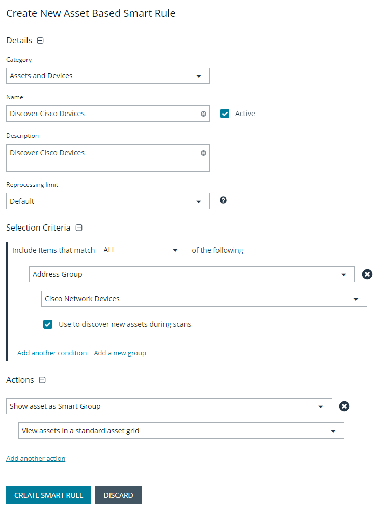 Create New Asset Based Smart Rule using Address Group to Discover Cisco Devices