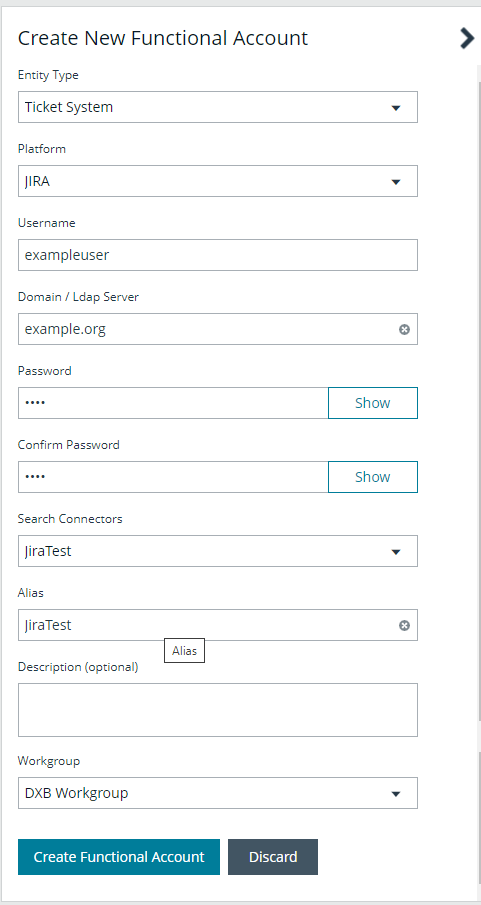 Create a functional account in Password Safe for Jira Ticket System integration.
