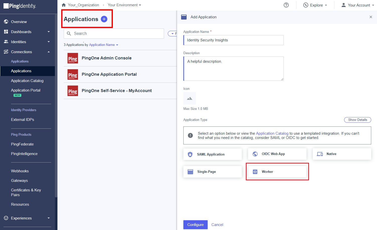 Application creation in Ping Identity.