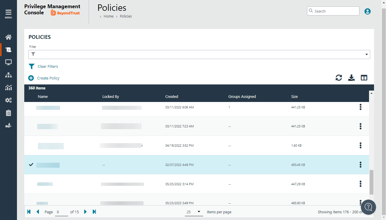 Policies page in EPM