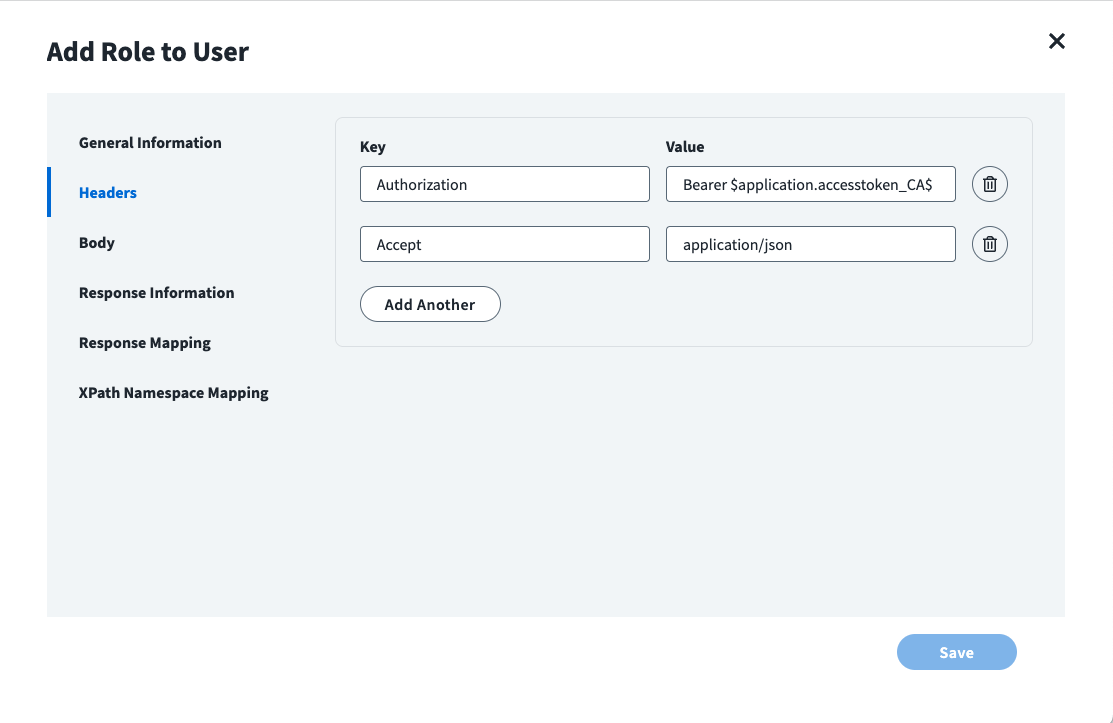 Image of the IdentityNow Add Role to User Headers panel