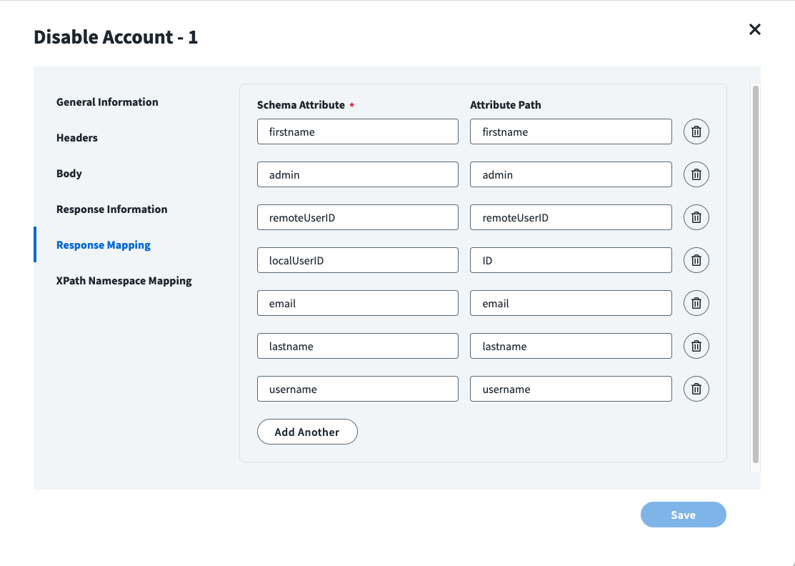 Image of the IdentityNow Disable Account-1 Response Mapping panel