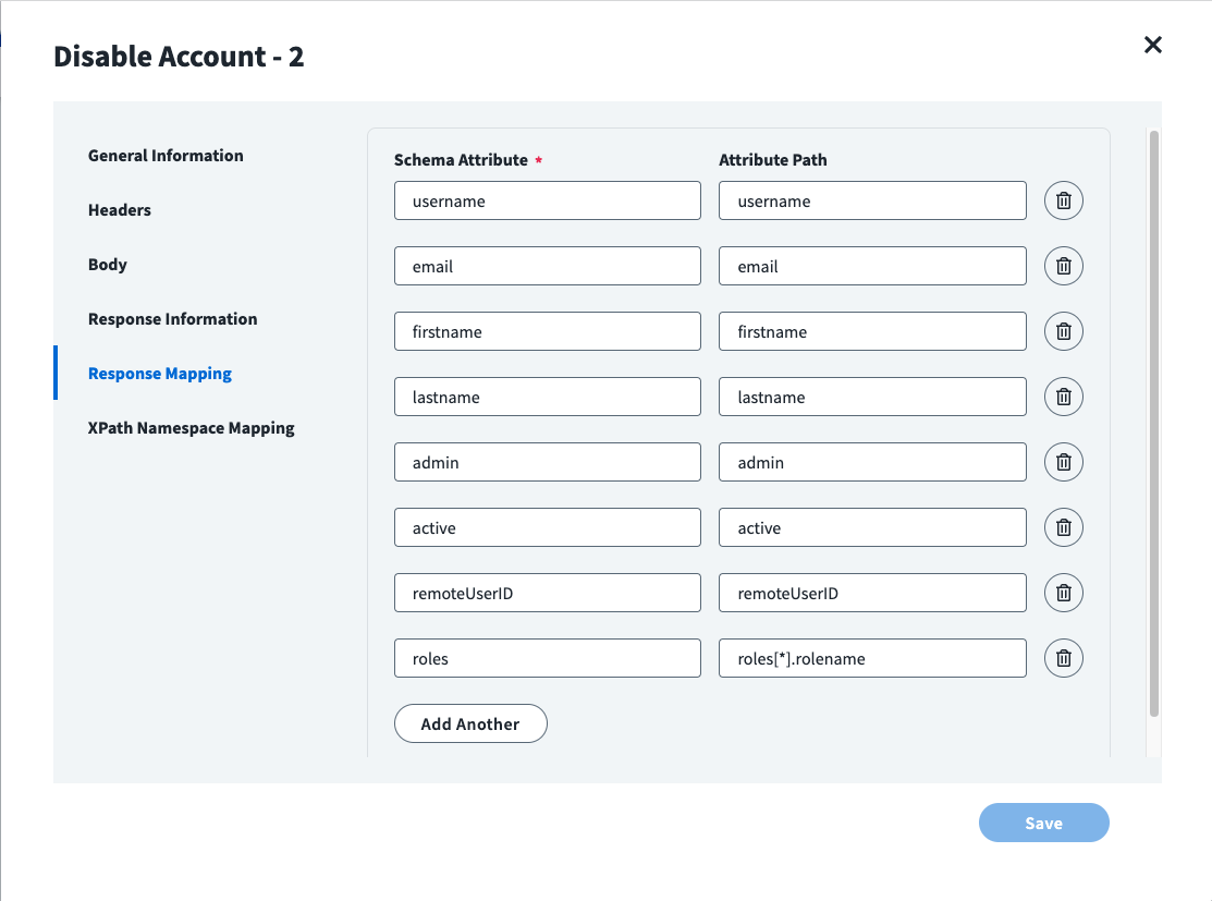 Image of the IdentityNow Disable Account-2 Response Mapping panel
