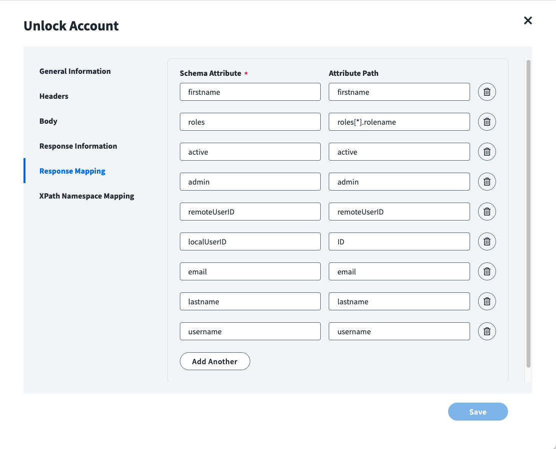 Image of the IdentityNow Unlock Account Response Mapping panel