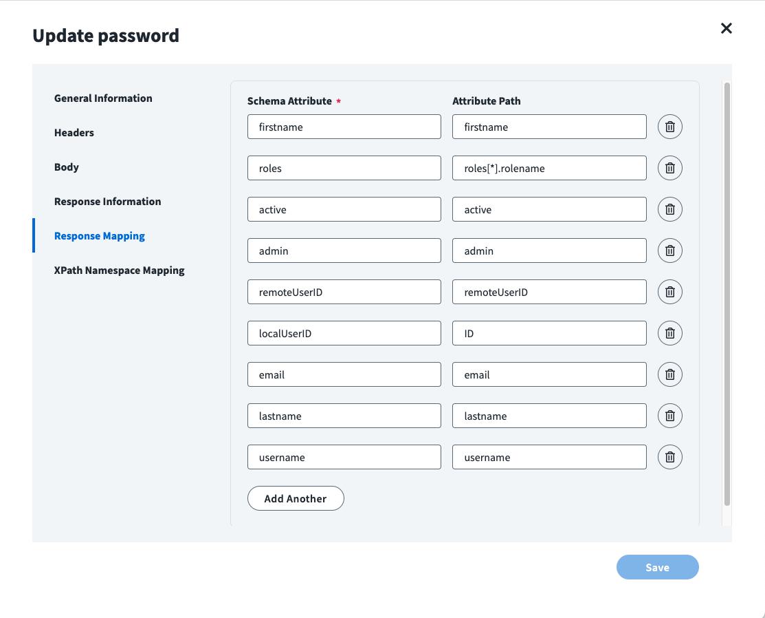 Image of the IdentityNow Update Password Response Mapping panel