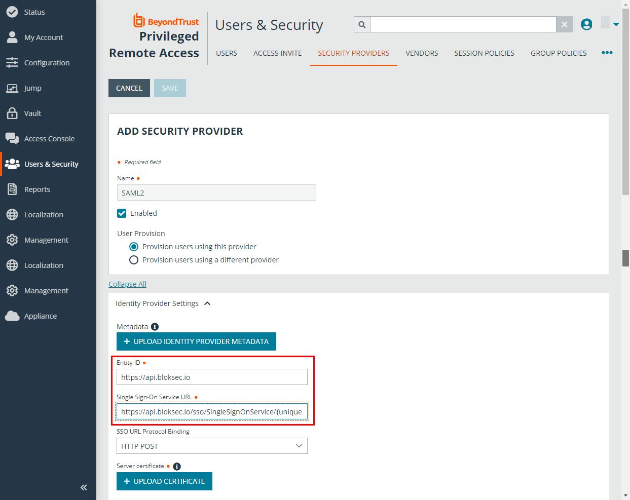 Set the values for Entity ID and Single Sign-On Service URL in Identity Provider Settings
