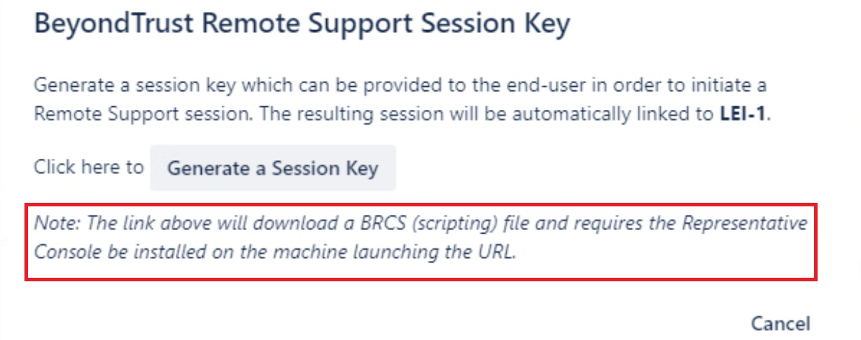JIRA warning note stating downloads a BRCS file and that the Representative Console must be installed on the machine launching the URL.