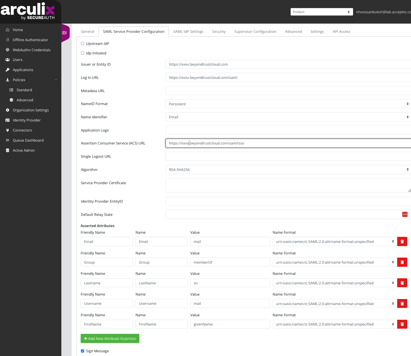 Complete SAML details from Remote Support in Arculix.