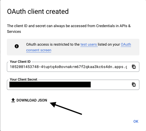 Bevestigingsscherm OAuth-client gemaakt, met client-ID en -geheim weergegeven.